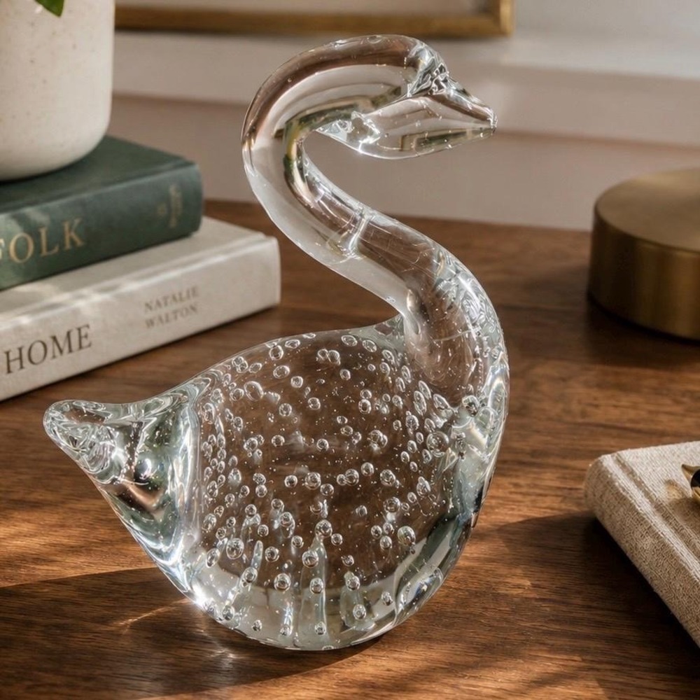 VTG 80s 4" Clear Glass Swan Paperweight Controlled Bubble Leonard Silver Taiwan